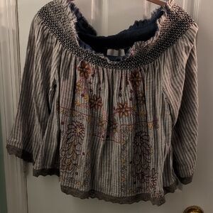 Anthropologie Chloe Embroidered Smocked 3/4 Sleeve Blouse